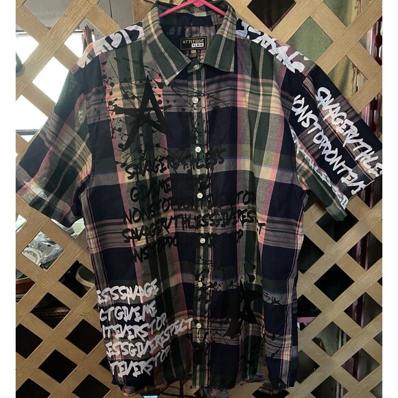 ATTITUDE PLAID Graffiti Print Plaid Button Down Shirt Men's 2XL - Picture 3 of 14